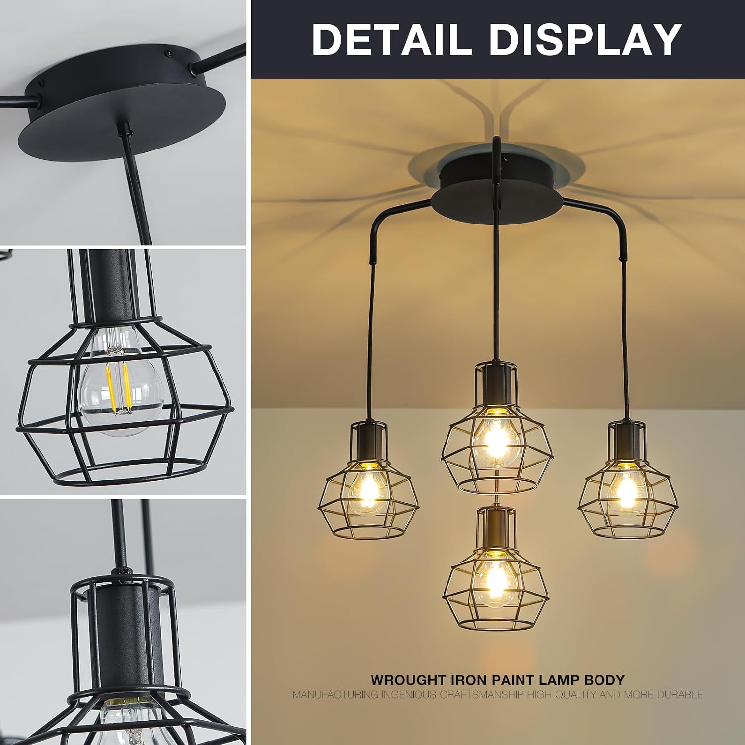 4-Light Pendant Light Fixtures, Industrial Farmhouse Hanging Lighting, Black Metal Cage Dining Room Chandelier, Height Adjustable Multi-Light Ceiling Lamp for Kitchen Island, Foyer, Entryway, E26 Base