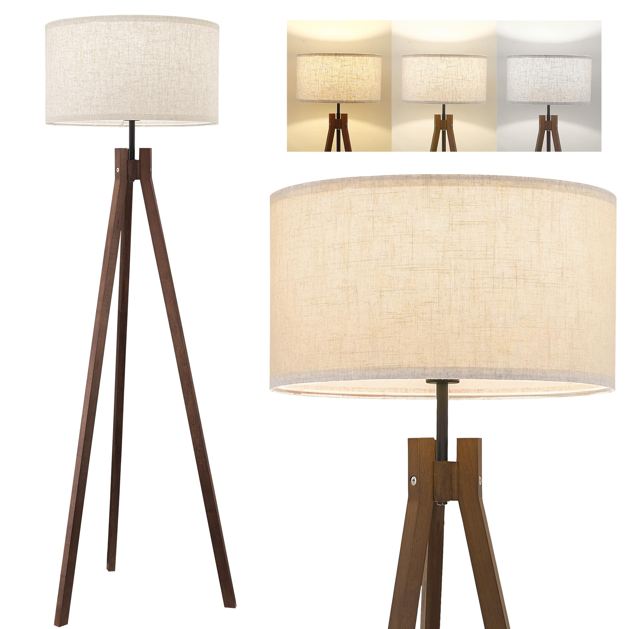 ELYONA Wood Tripod Floor Lamp, Mid Century Reading Standing Lamp with 3 Color Temperatures & Linen Shade, Modern Night Light for Bedroom, Farmhouse, Living Room, Office, 9W LED Bulb Included, Brown