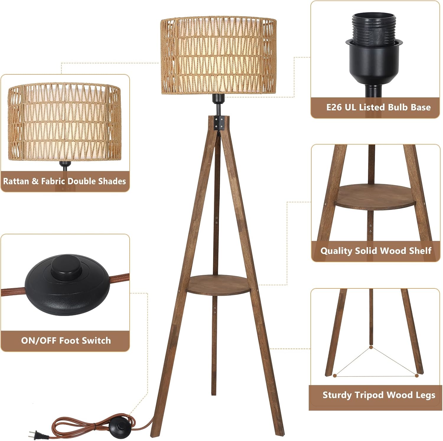 LAMSU Boho Tripod Floor Lamps for Living Room, Rattan Wood Floor Lamp with Fabric Shades, Mid Century Standing Lamp with Shelf, Foot Switch, Modern Farmhouse Tall Lamps for Bedroom Office Brown