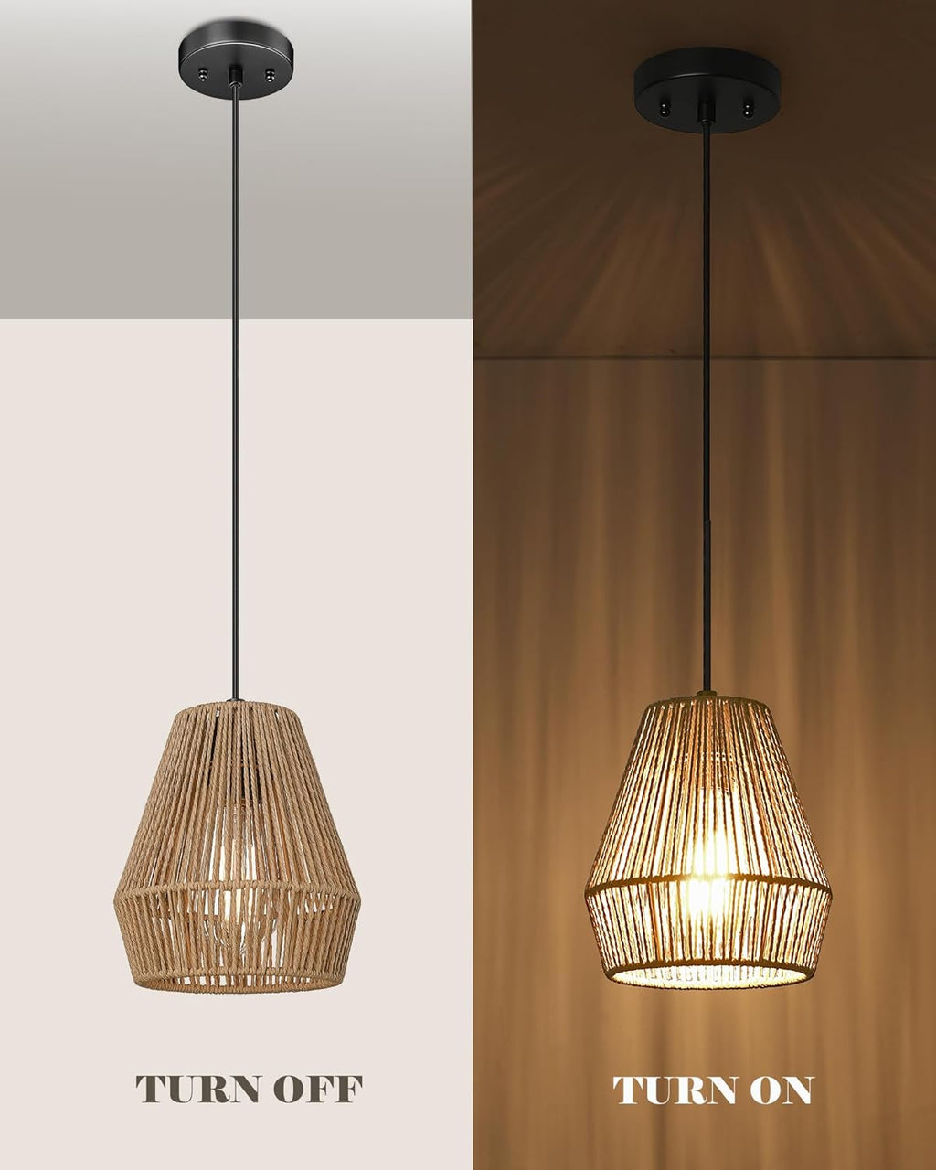 ELYONA Boho Woven Pendant Lights 7” Rustic Rattan Hanging Lamp Adjustable Handwoven Basket Shade, Japandi Pendant Light Fixtures for Kitchen Island, Dining Room, Bedroom, Farmhouse Bar, Foyer Hallway