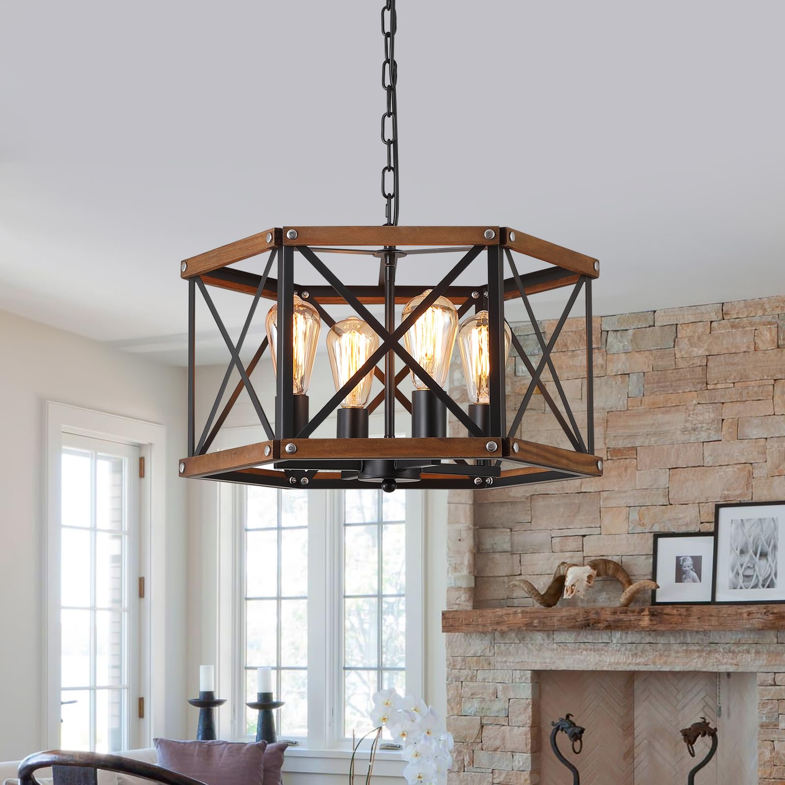 4-Light Large Rustic Farmhouse Plug in Pendant Light Fixture with Adjustable Chain, Dimmable Switch, 20 inch Oak Wood and Metal Cage Hanging Lamp for Dining Room Living Room Farmhouse Entry, Black