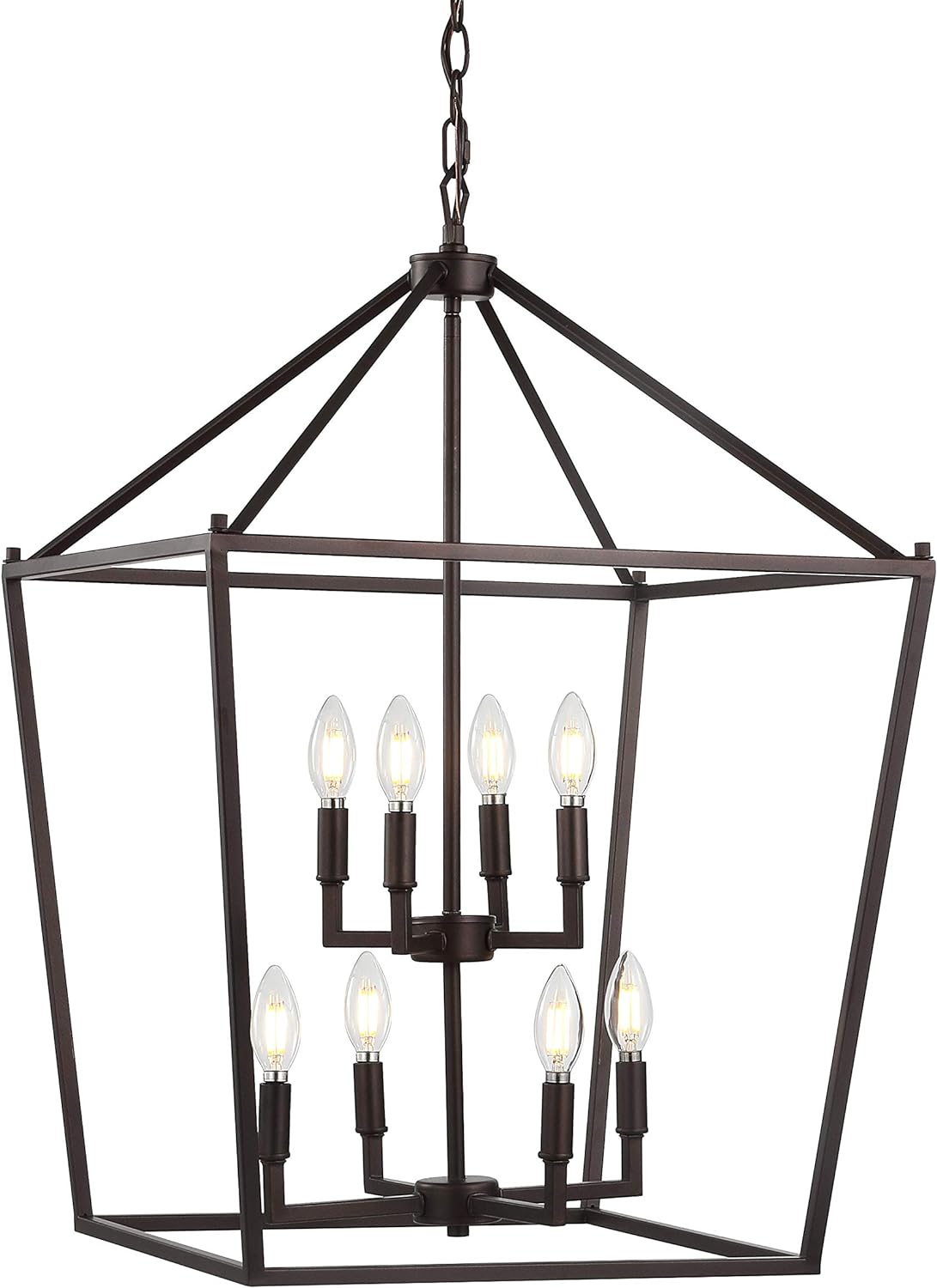 JONATHAN Y 20" Oil Rubbed Bronze Lantern Pendant Light, 8-Light Pagoda Style Metal Cage Farmhouse Hanging Ceiling Fixture for Kitchen Island, LED Bulb Included (JYL7438A)