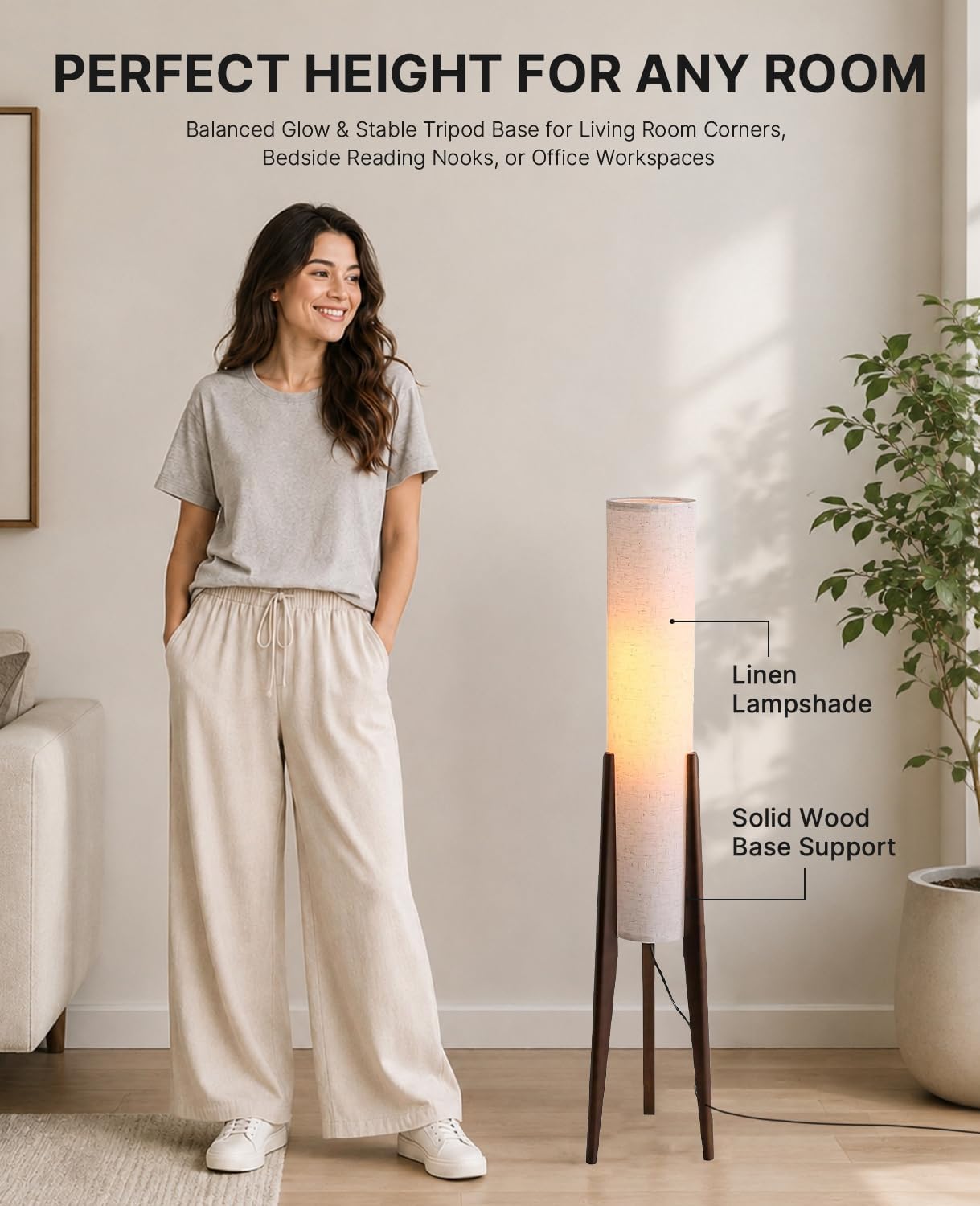 Walnut Wood Tripod Floor Lamp, 48.8 in High Vintage Column Floor Lamps with White Fabric Lampshade, Mid Century Modern Floor Lamp for Bedroom Living Room Home Office (Walnut)