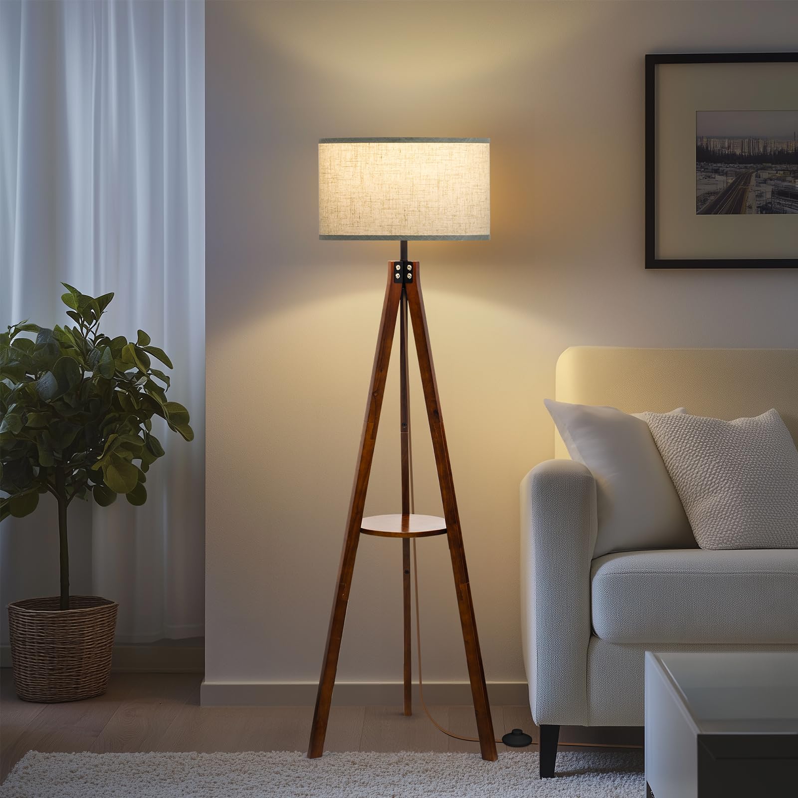 EOEYYOYB Floor Lamp with 3 Light Modes Adjustable– Wood Tripod Floor Lamp Modern LED Standing Lamps with Dimmable Brightness, Perfect for Living Room, Bedroom, and Office, Juglans Nigra