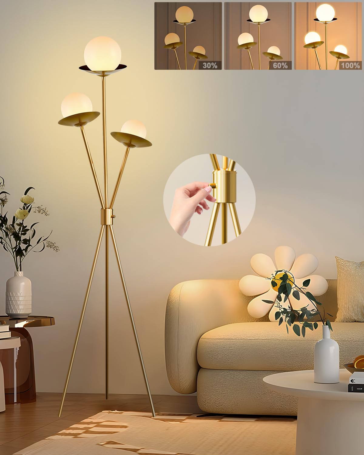 3 Globe Dimmable Tripod Floor Lamp, Mid Century Standing Lamps with 3Pcs 3000K Bulbs Included, Modern Tall Lamp for Living Room Bedroom Office-Gold