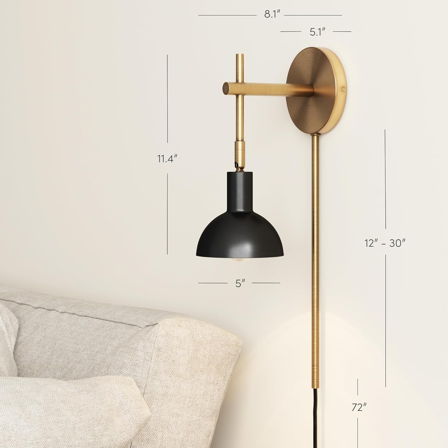 Nathan James Tamlin Wall Light Fixture, Wall Mounted 1-Light Lamp, Plugin Sconce with On/Off Switch for Living Room, Reading Nook or Bedroom, Vintage Brass/Matte Black
