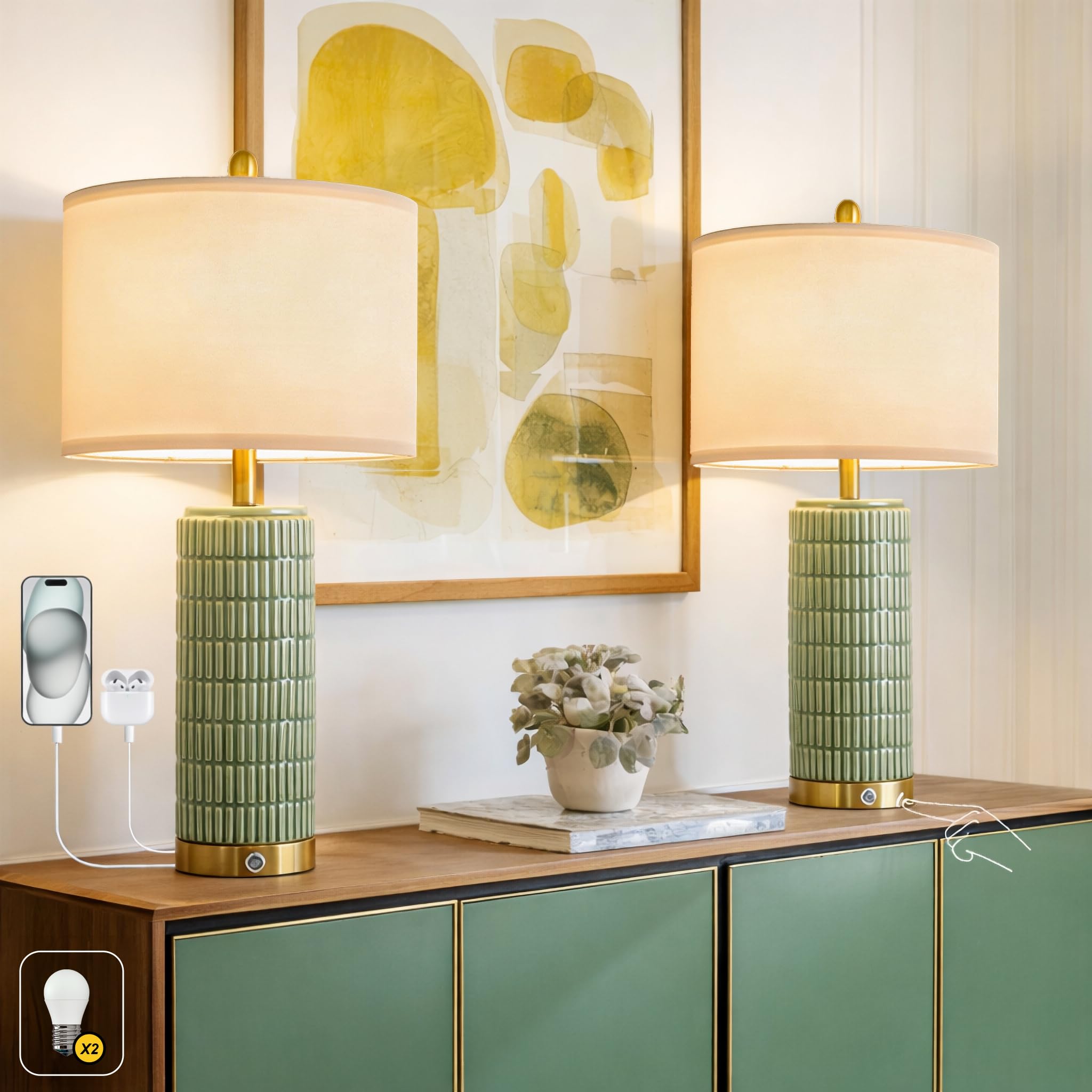 PoKat Stone-Like Ceramic Table Lamps with USB Ports for Bedroom, 25'' Matte-White Dimmable Nightstand Touch Lamps for Night Stands with Gold Base, Farmhouse Lamps for Living Room End Side Table