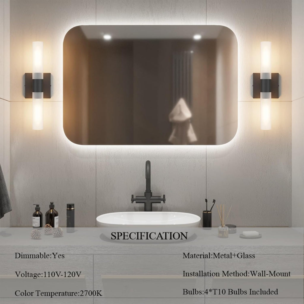 Black Wall Sconces Set of Two,15.7in Dimmable Hardwired LED Sconce Lighting Modern Indoor Vanity Sconce with Frosted Glass Shade for Bathroom Hallway(Bulbs Included)