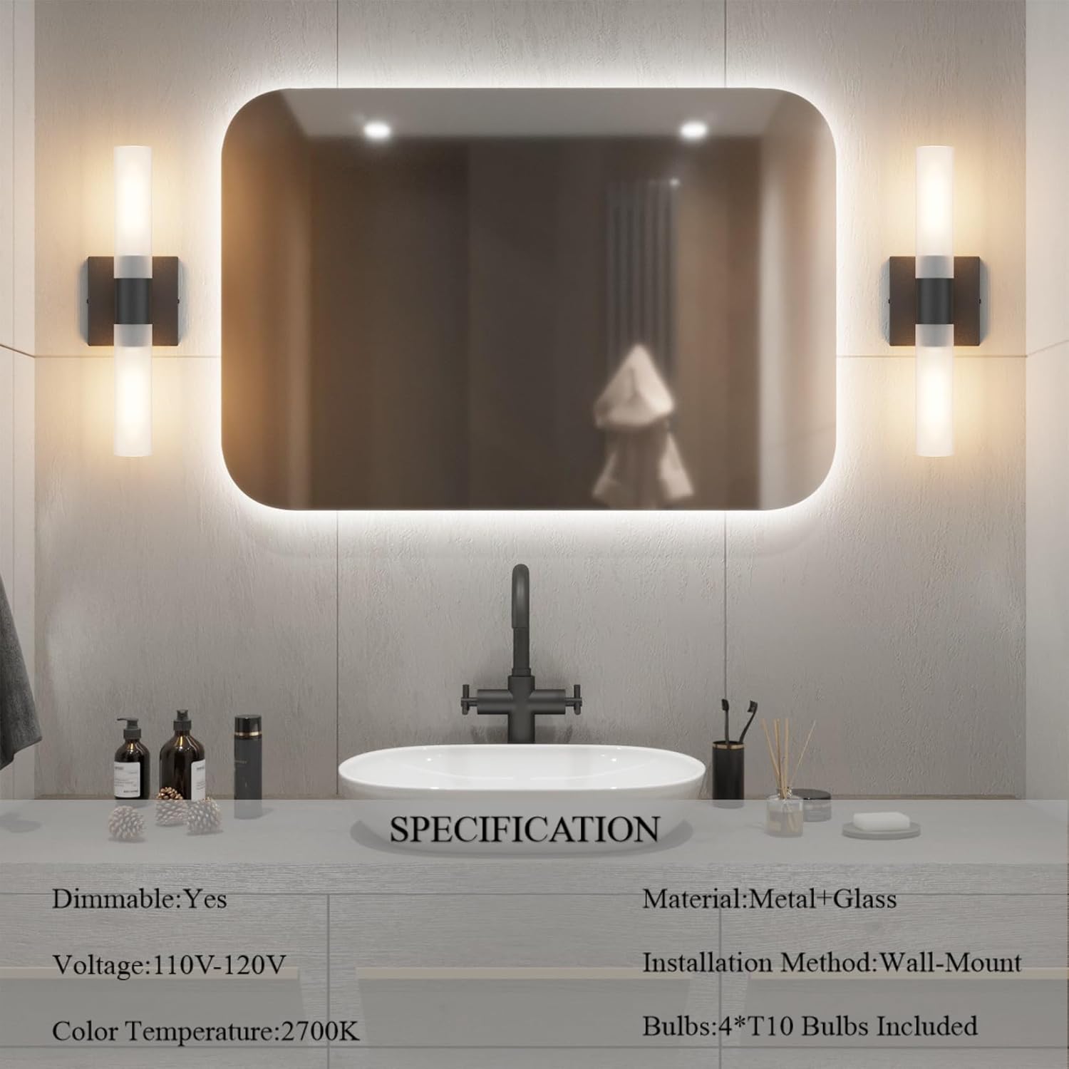 Black Wall Sconces Set of Two,15.7in Dimmable Hardwired LED Sconce Lighting Modern Indoor Vanity Sconce with Frosted Glass Shade for Bathroom Hallway(Bulbs Included)