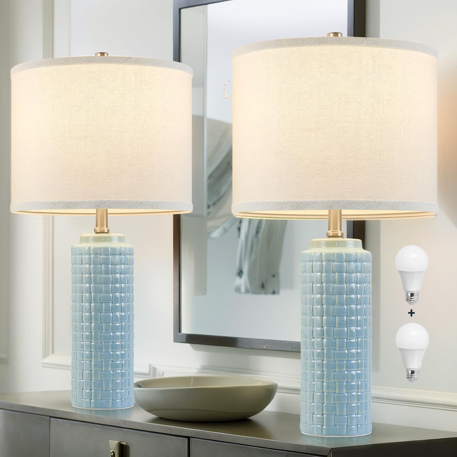 Modern Ceramic Table Lamp Set of 2, Adjustable Color Temperature Bedside Lamps for Night Stands with Fabric Drum Shade, Nightstand Lamps for Bedroom, Living Room, Desk, Includes 2 Bulbs (21.4")