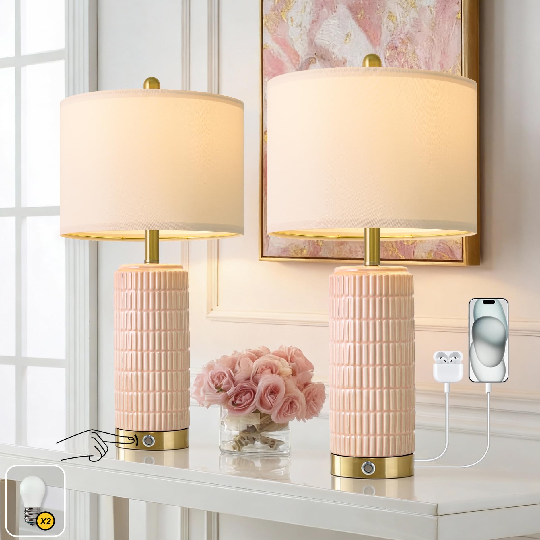 PoKat Stone-Like Ceramic Table Lamps with USB Ports for Bedroom, 25'' Matte-White Dimmable Nightstand Touch Lamps for Night Stands with Gold Base, Farmhouse Lamps for Living Room End Side Table