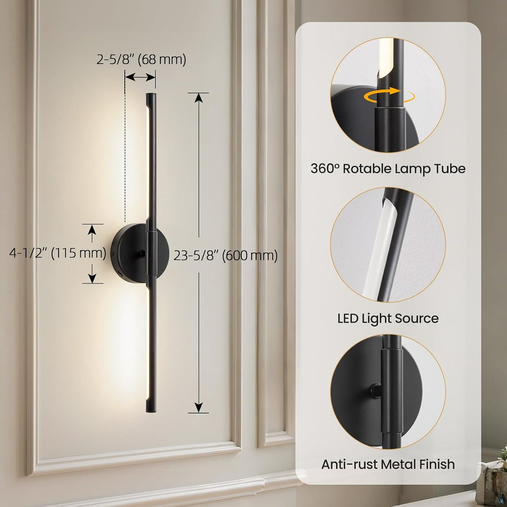 Lightania Hardwired Wall Sconces Set of Two, 24'' Modern Black LED Wall Lights, 360° Rotatable, 2700K-5000K Adjustable, 3CCT Dimmable Wall Sconce Light Fixture for Living Room Bedroom Hallway, ETL