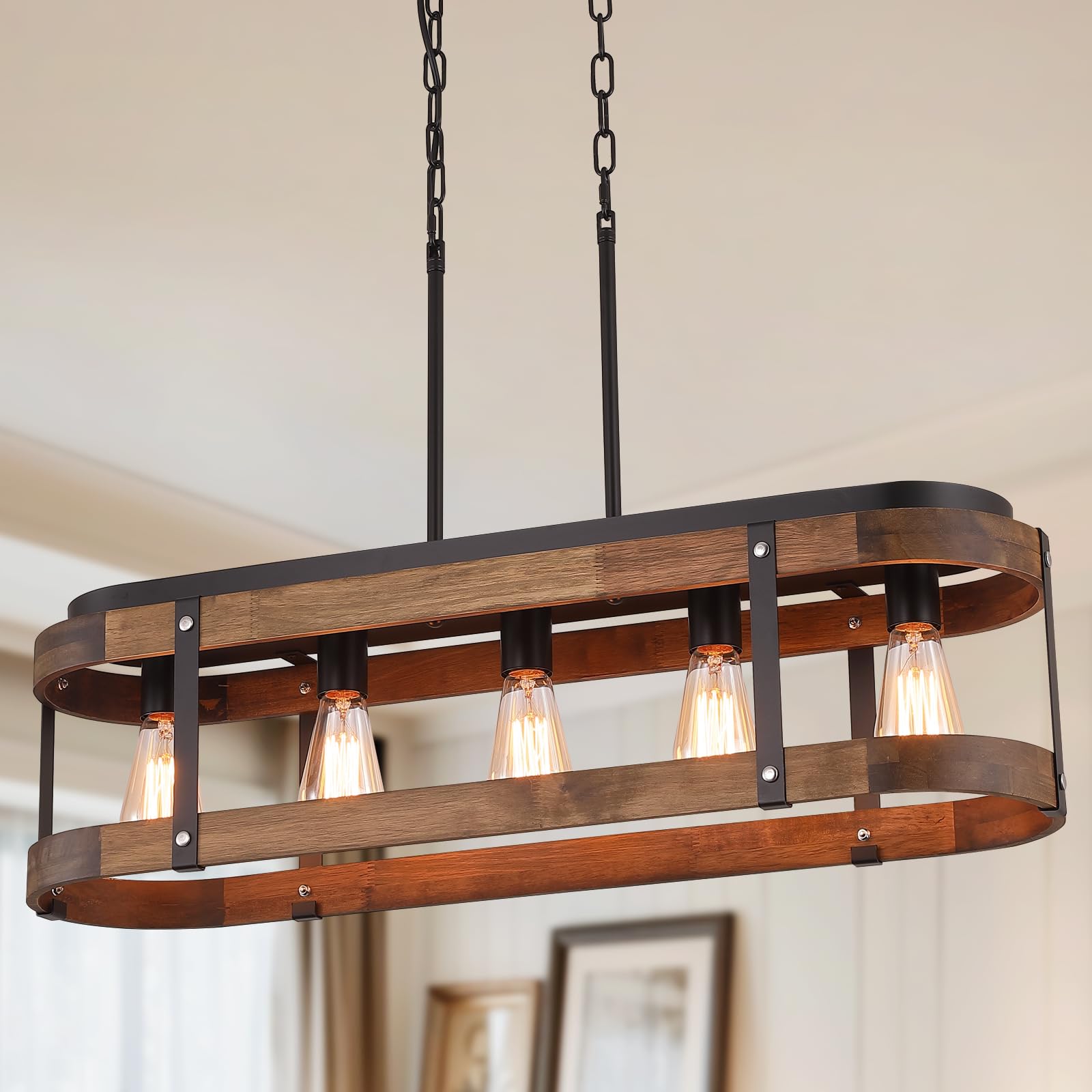 2 Pack Rustic Farmhouse Wood Pendant Light Fixture One-Light Adjustable Rods Oak Wood and Metal Drum Cage Small Pendant Lighting for Kitchen Island Sink Hallway Bathroom Bar Farmhouse, Black