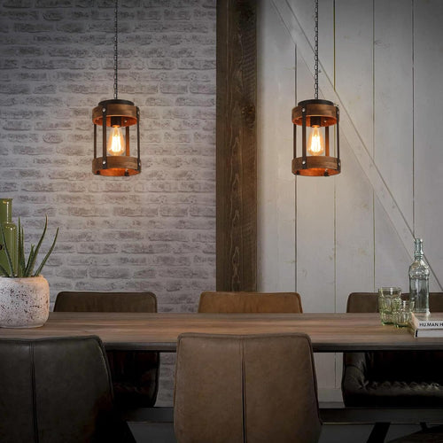 2 Pack Rustic Farmhouse Plug in Pendant Light Fixture with Adjustable Chain, Dimmable Switch, Oak Wood and Metal Drum Cage Mini Hanging Lamp for Kitchen Island Living Room Hallway Farmhouse, Black