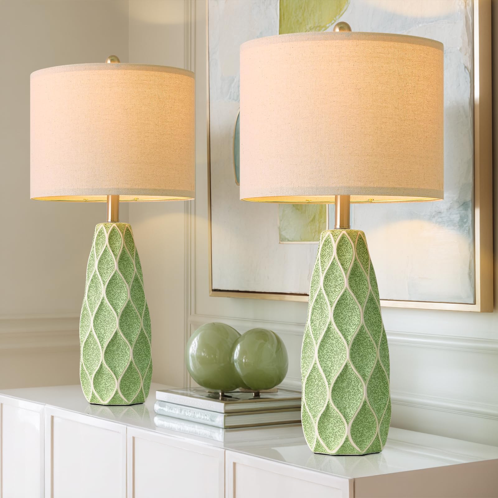 Set of 2 27.5" White Ceramic Table Lamps, Modern Boho Farmhouse Vintage Bedside Lights for Living Room Bedroom Nightstand Decor & Gifts
