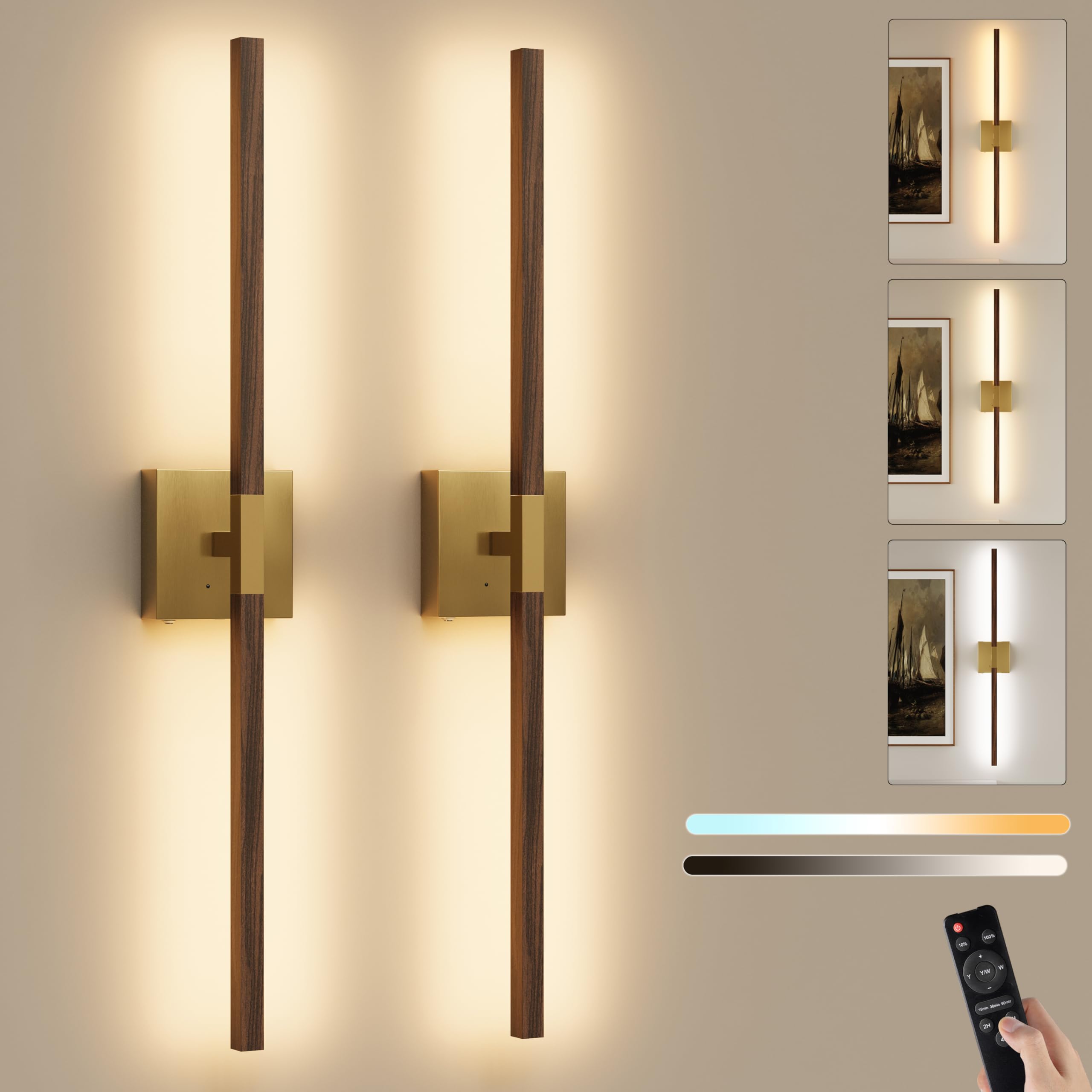 Rayogale Rechargeable Battery Operated Wall Sconce with Remote Control | Black 3000/4500/6000K Dimmable 8000mAh Wireless Wall Sconces Set of Two with Timer for Living Room, Bedroom, 24 Inch