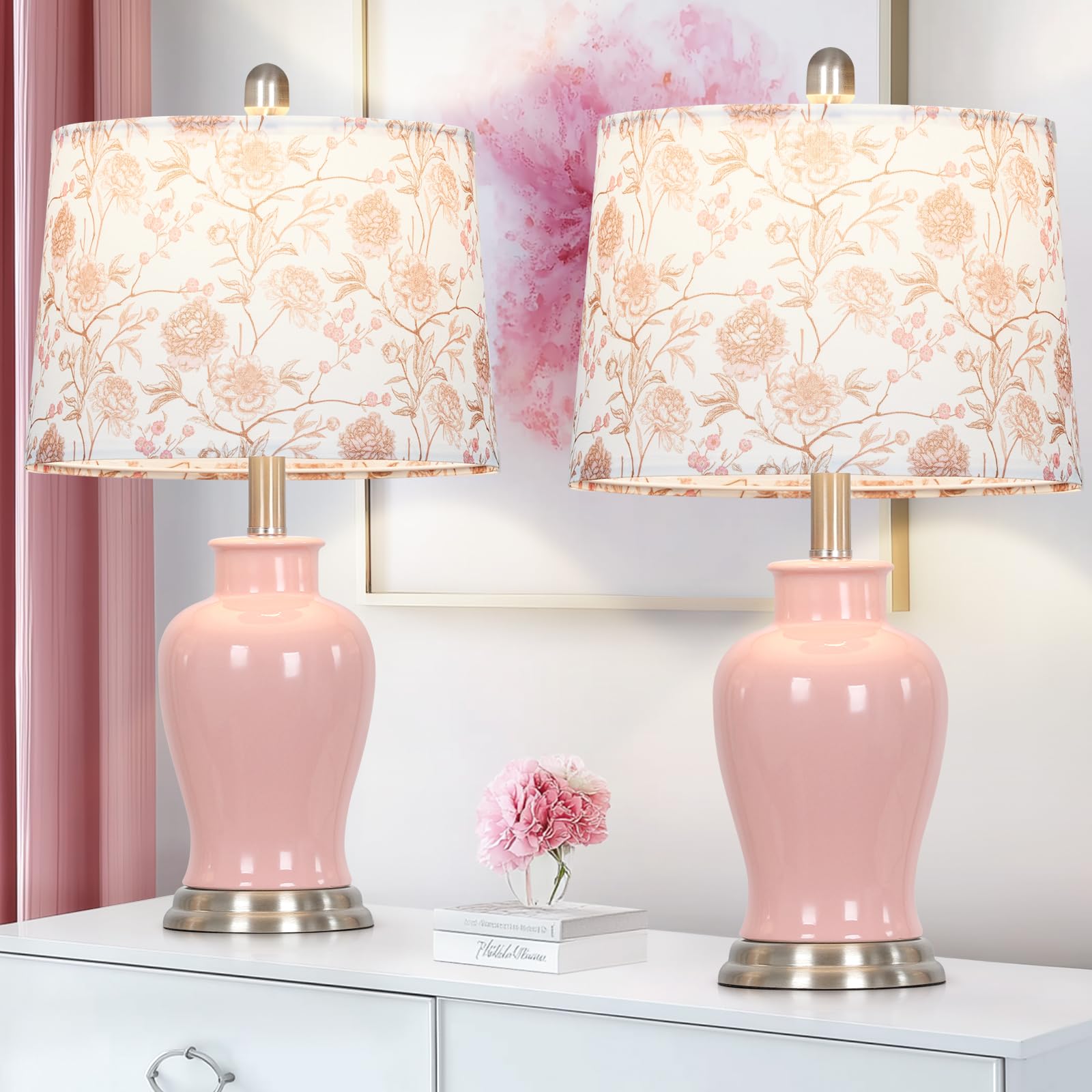Modern Ceramic Table Lamps Set of 2, 23" White Ceramic Lamps for Living Room, Rustic Farmhouse Bedside Lamp with Ginger Jar Design, Elegant Bedroom Lamp for Nightstand Desk Side End Table Home Decor
