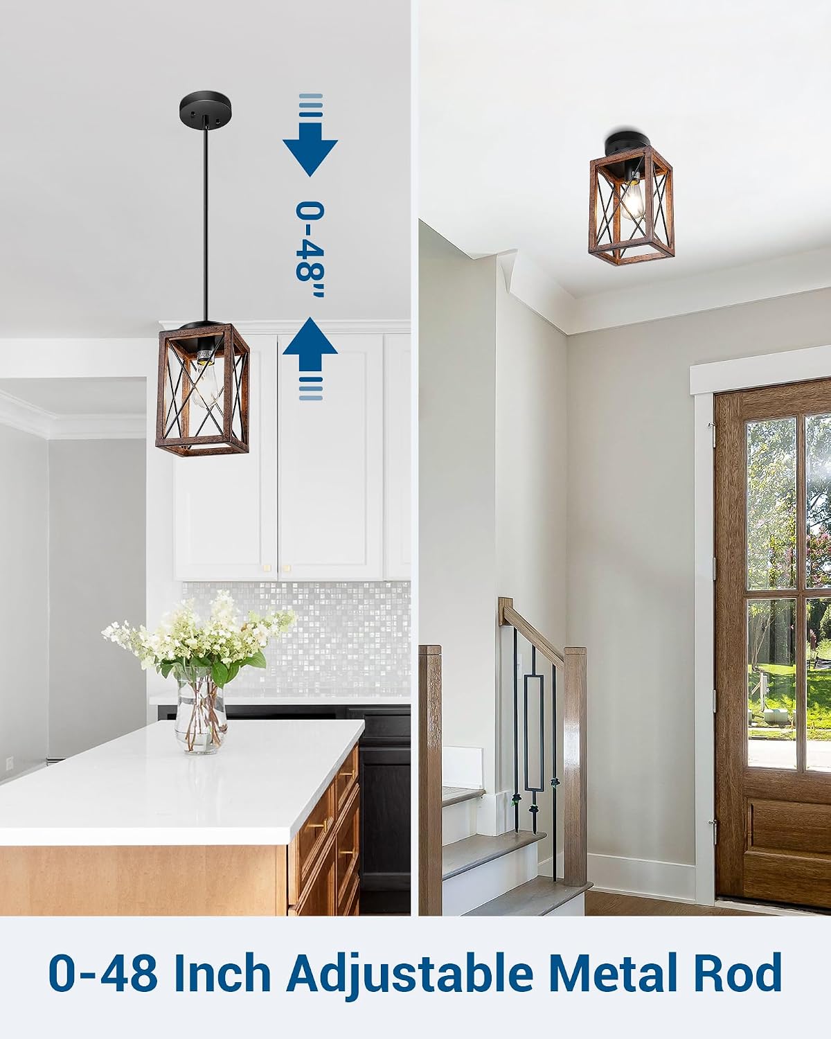 DEWENWILS Farmhouse Pendant Light, Metal Hanging Light Fixture with Wooden Grain Finish, 48 Inch Adjustable Pipes for Flat and Slop Ceiling, Kitchen Island, Bedroom, Dining Hall, E26 Base