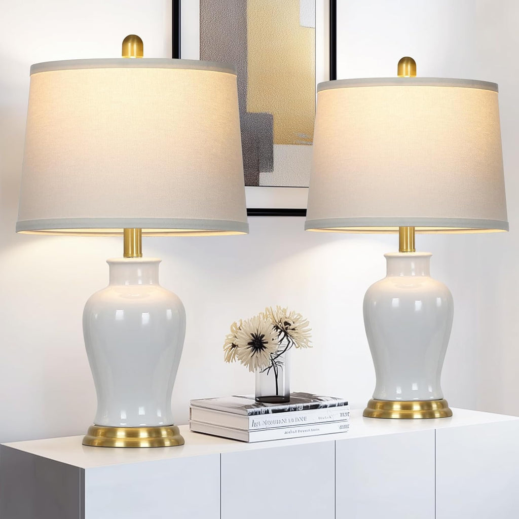 Modern Ceramic Table Lamps Set of 2, 23" White Ceramic Lamps for Living Room, Rustic Farmhouse Bedside Lamp with Ginger Jar Design, Elegant Bedroom Lamp for Nightstand Desk Side End Table Home Decor