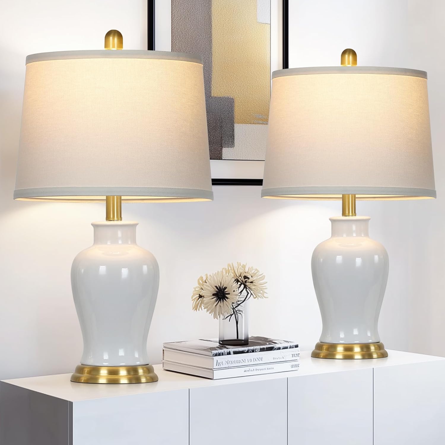 Modern Ceramic Table Lamps Set of 2, 23" White Ceramic Lamps for Living Room, Rustic Farmhouse Bedside Lamp with Ginger Jar Design, Elegant Bedroom Lamp for Nightstand Desk Side End Table Home Decor