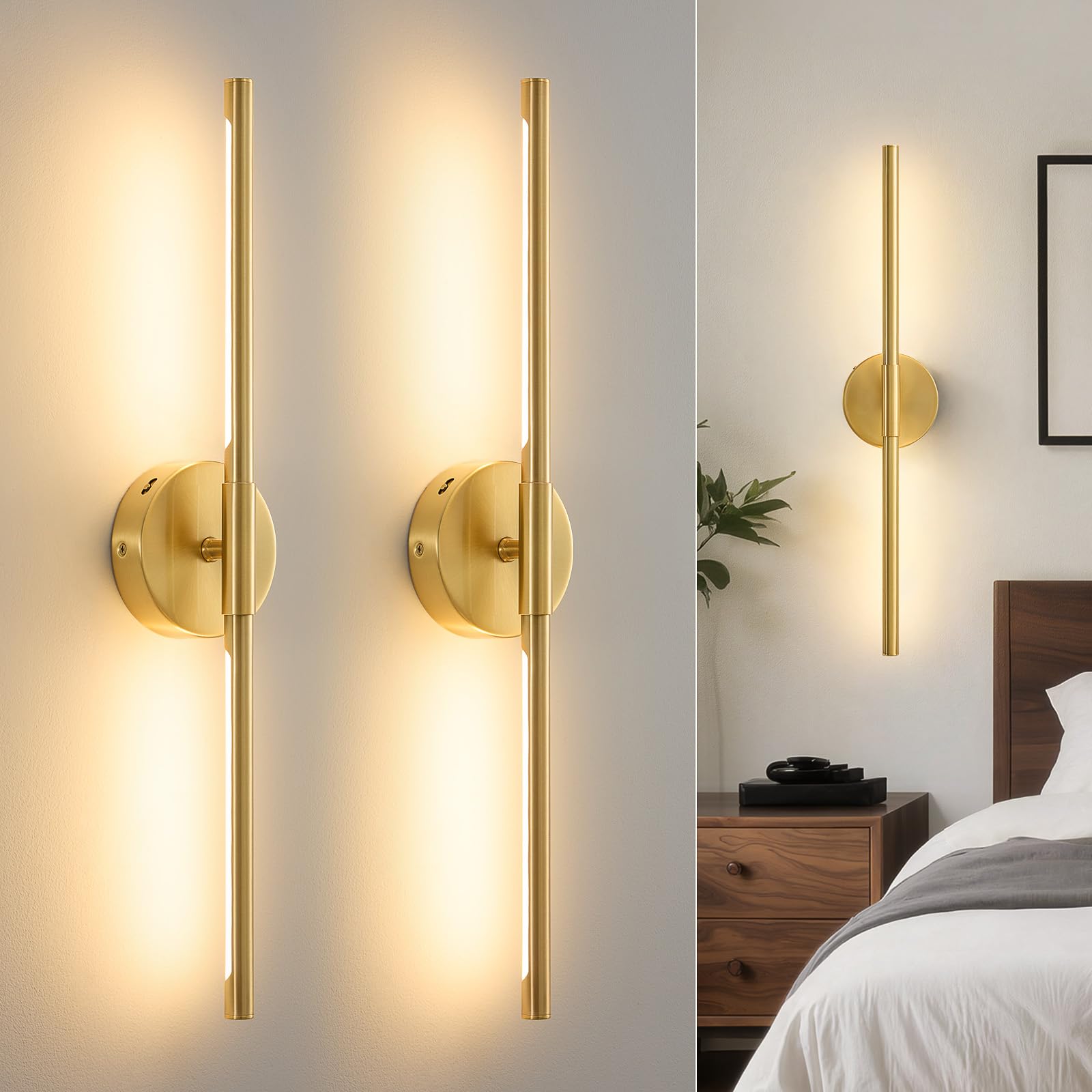 Lightania Hardwired Wall Sconces Set of Two, 24'' Modern Black LED Wall Lights, 360° Rotatable, 2700K-5000K Adjustable, 3CCT Dimmable Wall Sconce Light Fixture for Living Room Bedroom Hallway, ETL