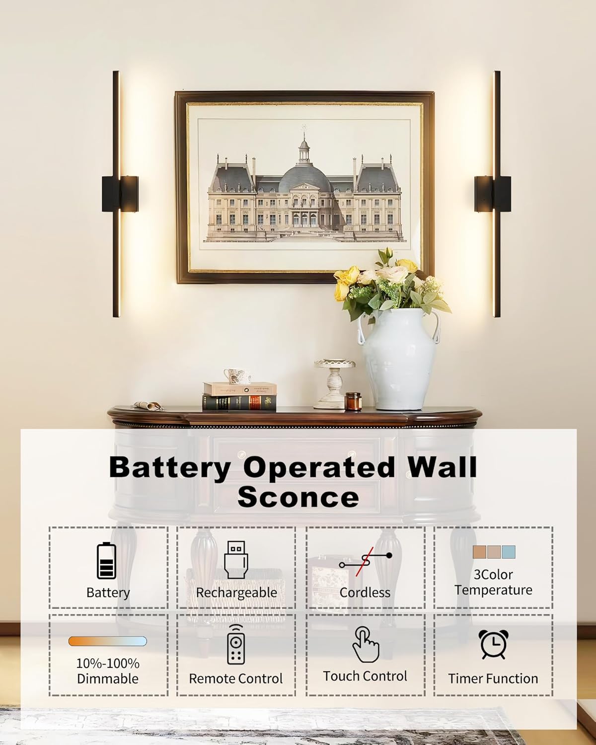 Rayogale Rechargeable Battery Operated Wall Sconce with Remote Control | Black 3000/4500/6000K Dimmable 8000mAh Wireless Wall Sconces Set of Two with Timer for Living Room, Bedroom, 24 Inch