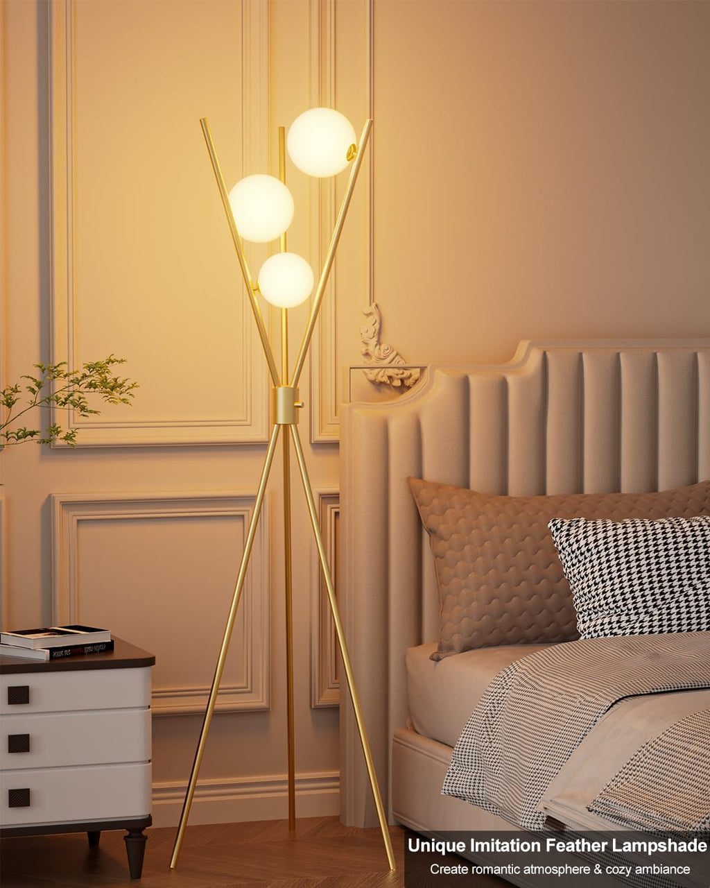 3 Globe Dimmable Tripod Floor Lamp, Mid Century Standing Lamps with 3Pcs 3000K Bulbs Included, Modern Tall Lamp for Living Room Bedroom Office-Gold