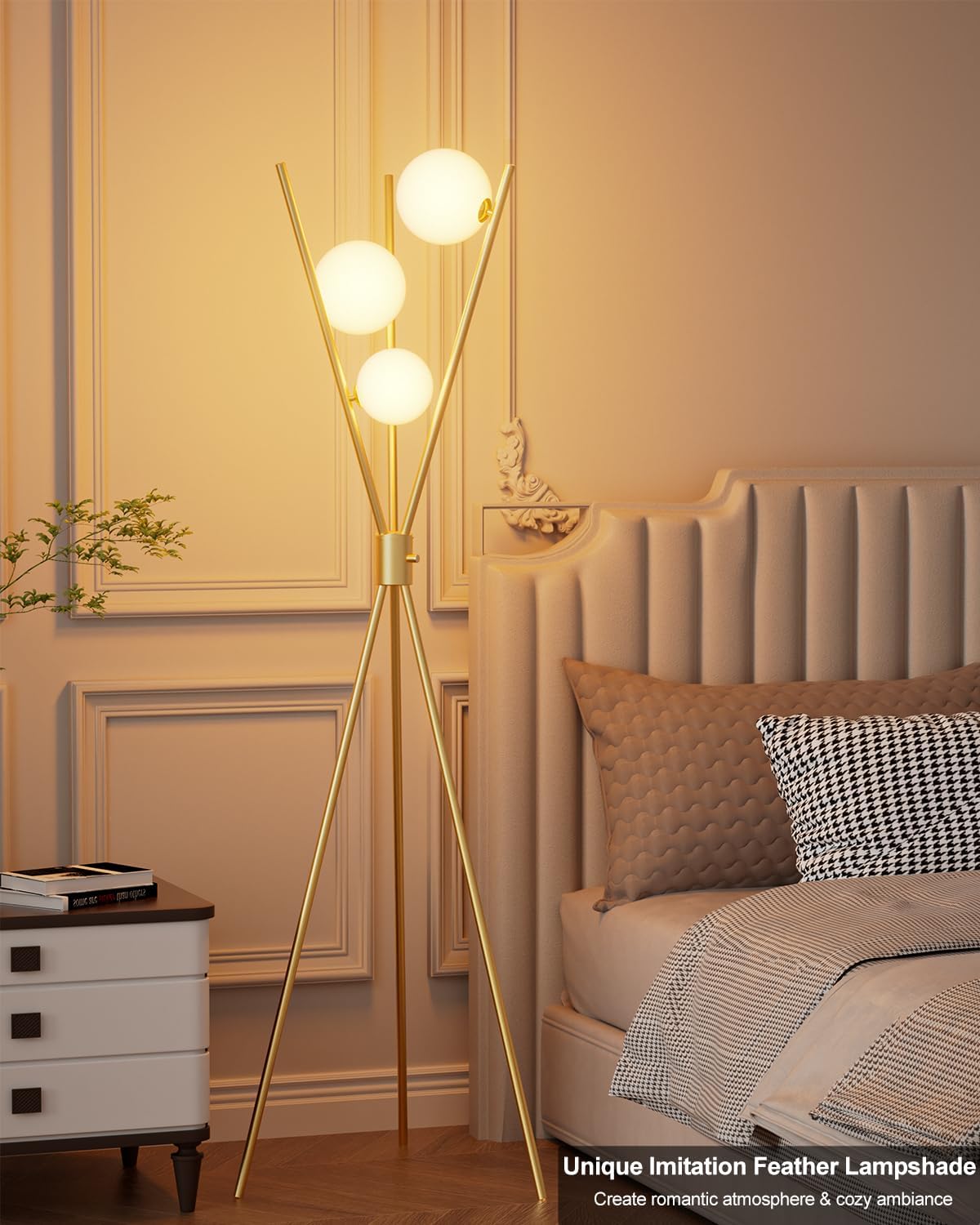 3 Globe Dimmable Tripod Floor Lamp, Mid Century Standing Lamps with 3Pcs 3000K Bulbs Included, Modern Tall Lamp for Living Room Bedroom Office-Gold