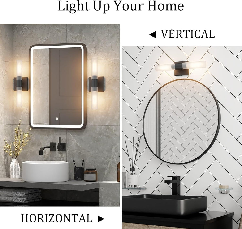 Black Wall Sconces Set of Two,15.7in Dimmable Hardwired LED Sconce Lighting Modern Indoor Vanity Sconce with Frosted Glass Shade for Bathroom Hallway(Bulbs Included)