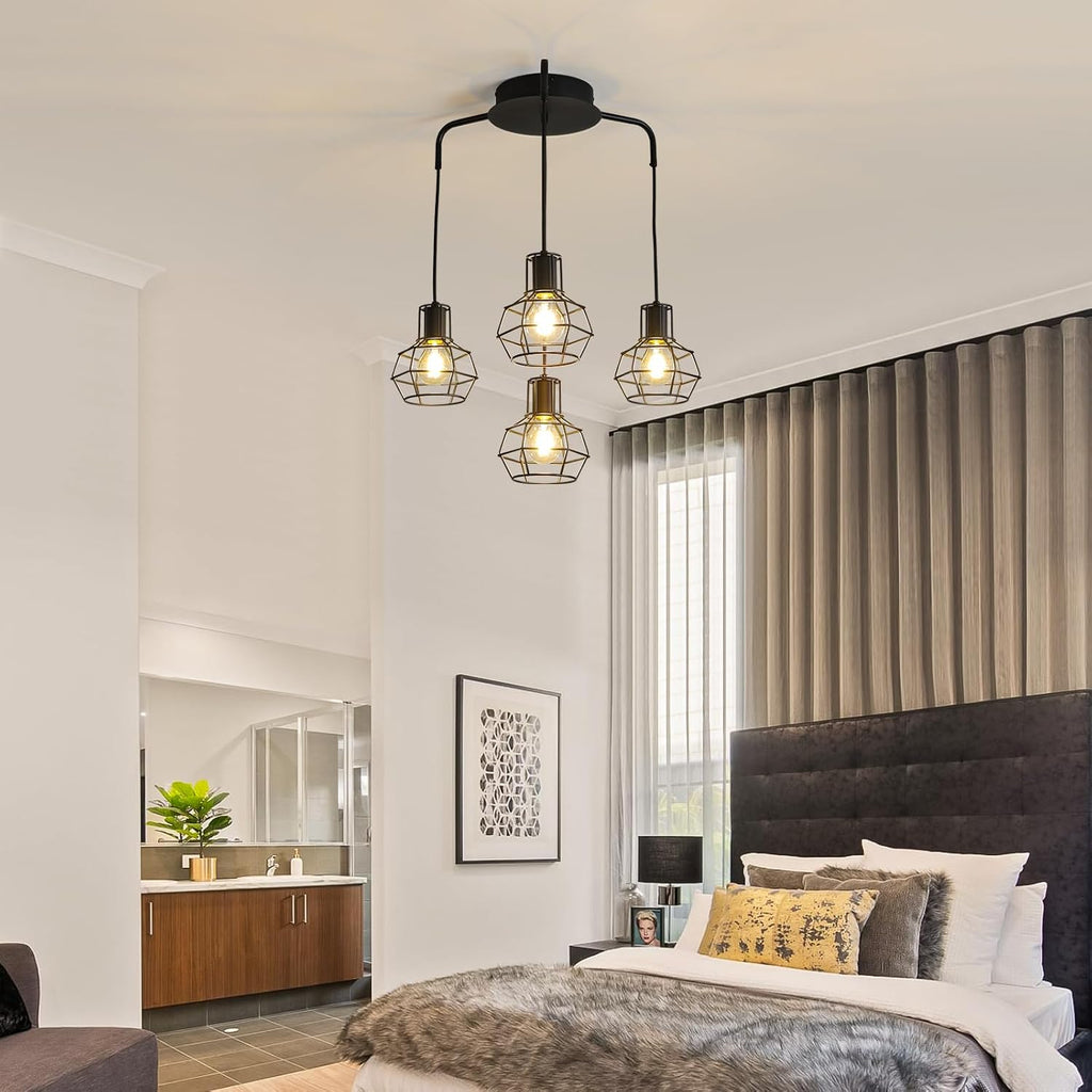 4-Light Pendant Light Fixtures, Industrial Farmhouse Hanging Lighting, Black Metal Cage Dining Room Chandelier, Height Adjustable Multi-Light Ceiling Lamp for Kitchen Island, Foyer, Entryway, E26 Base