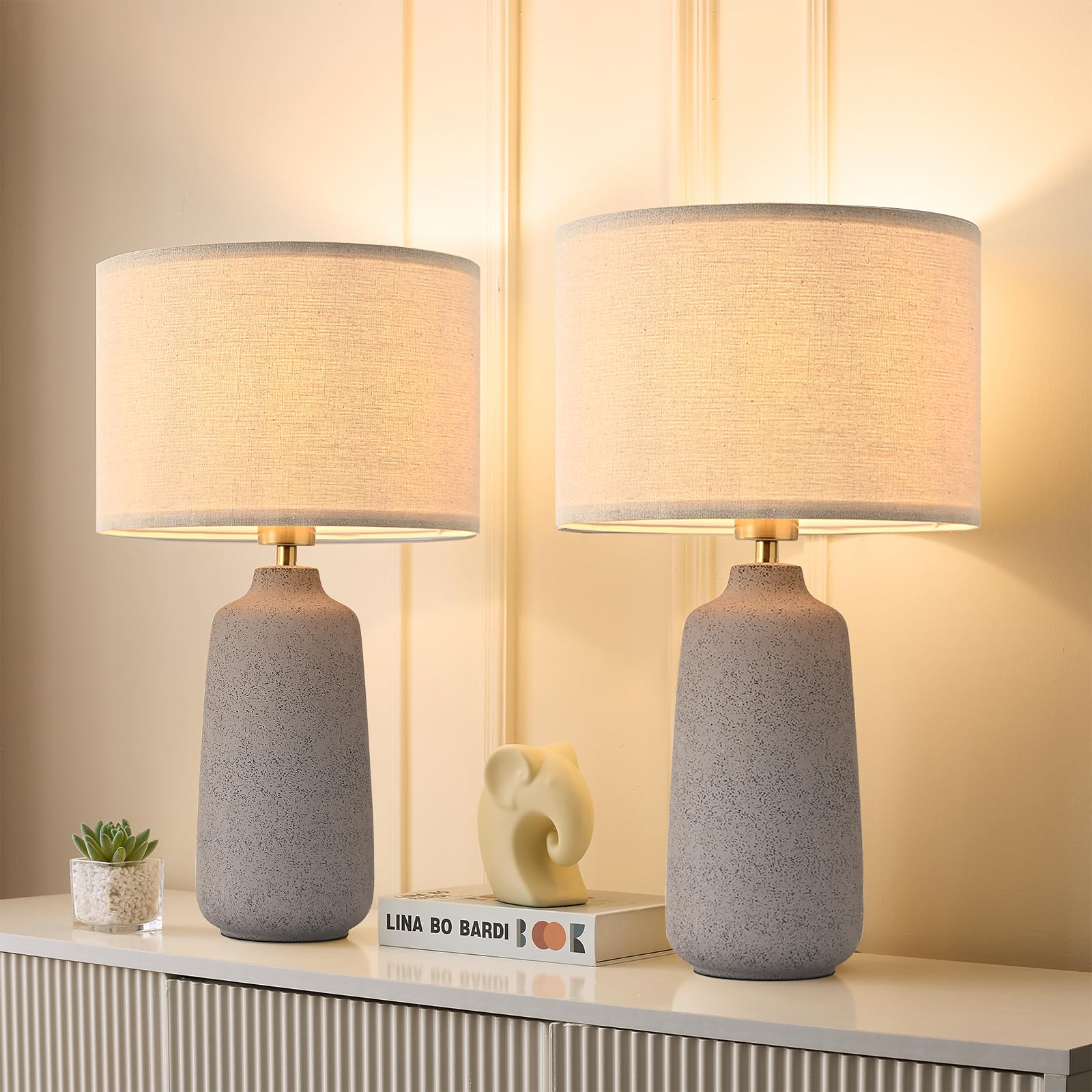 Set of 2 Ceramic Table Lamp for Bedroom, Small Table Lamp White Farmhouse Rustic Lamp Set Bedside Table Lamps for Nightstand Side Table Lamps for Living Room, 13.7IN