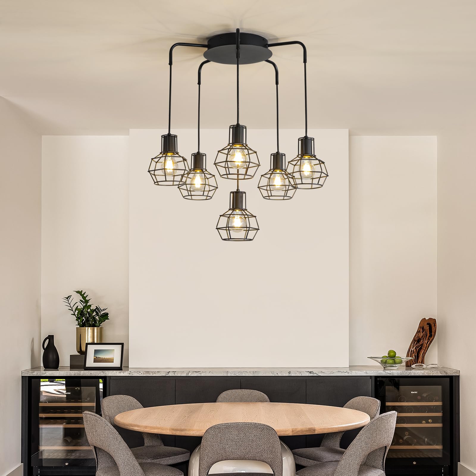 4-Light Pendant Light Fixtures, Industrial Farmhouse Hanging Lighting, Black Metal Cage Dining Room Chandelier, Height Adjustable Multi-Light Ceiling Lamp for Kitchen Island, Foyer, Entryway, E26 Base