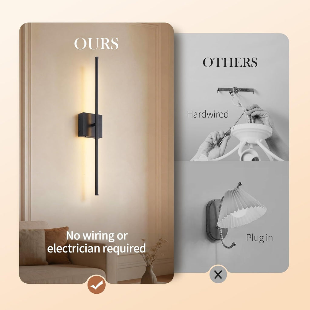 KARTOOSH 28.3 Inch Wall Sconces Battery Operated for Bedroom Hallway, Rechargeable Wireless Wall Lamp Set of 2, 3000K Warm White Dimmable Wall Light w/Remote Timer Memory Indoor Sconce Decor, Black