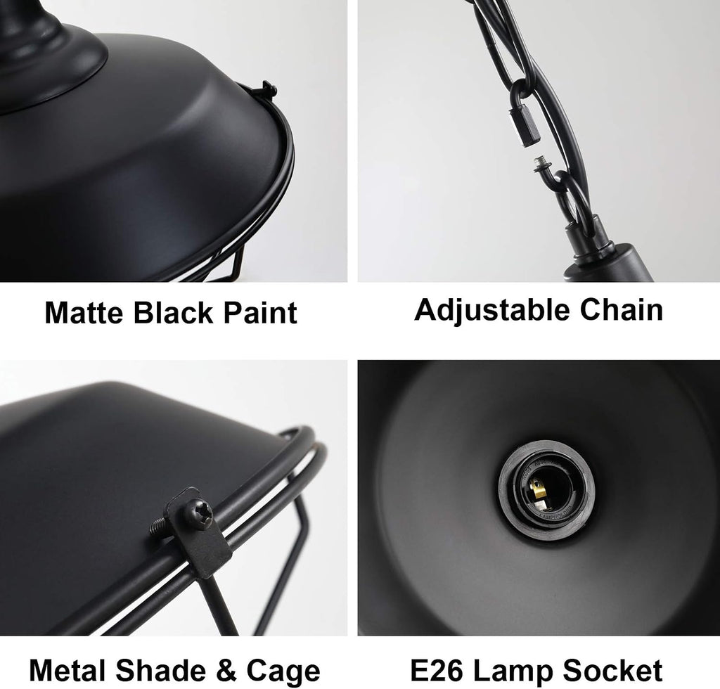 Industrial Pendant Lights 2 Pack Farmhouse Pendant Lights with Adjustable Chain, D10.2 Rustic Pendant Lighting Barn Black Metal Hanging Lights with Wire Cage for Kitchen Island Dining Room