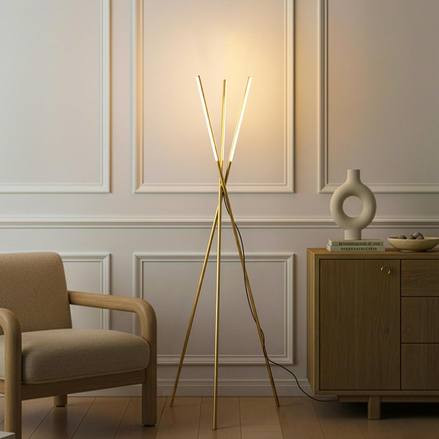 Brightech Stix Dimmable Gold Antique Brass LED Tripod Floor Lamp with 3 Lights, Modern Contemporary Standing Light for Living Room Bedroom Office
