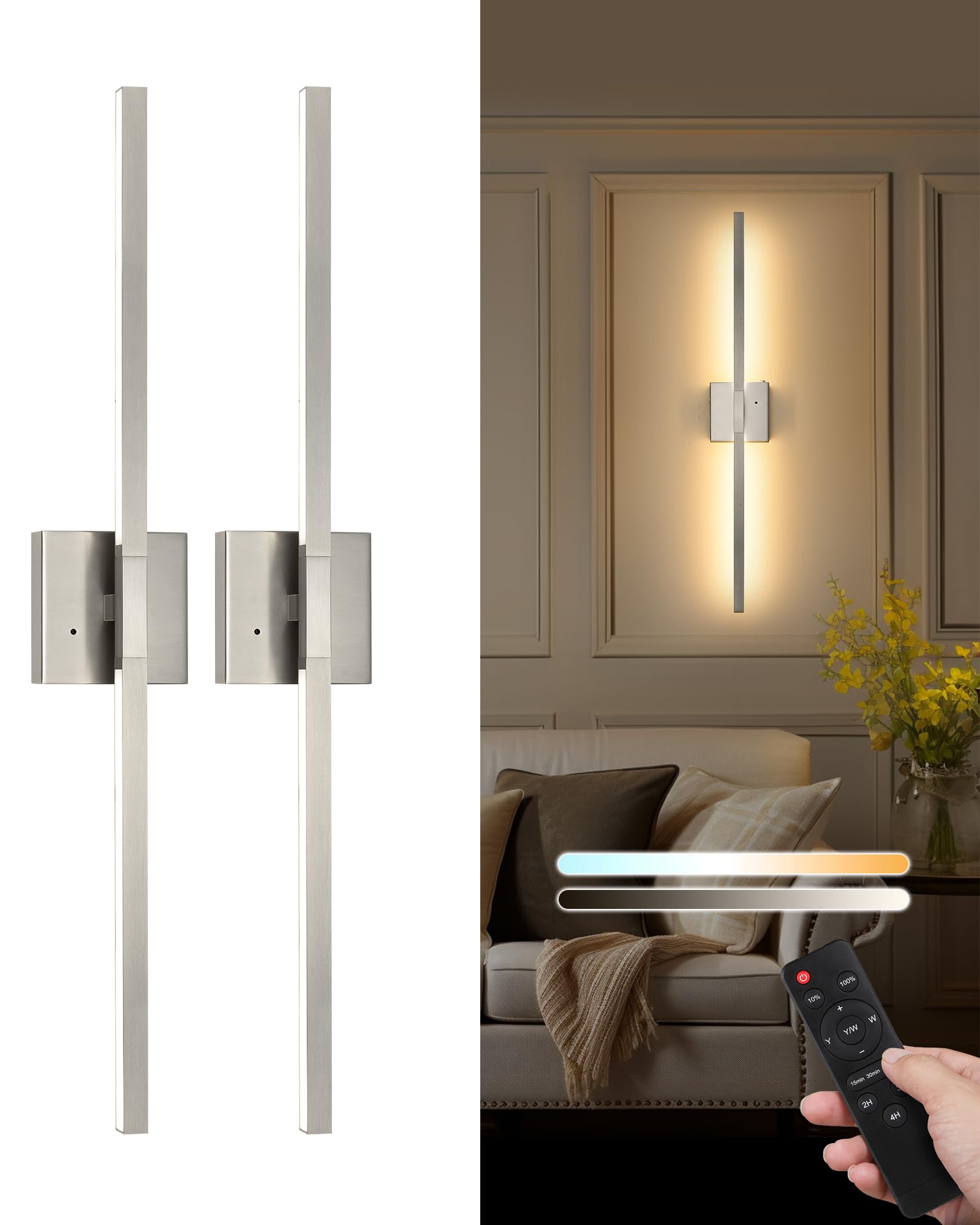 Rayogale Rechargeable Battery Operated Wall Sconce with Remote Control | Black 3000/4500/6000K Dimmable 8000mAh Wireless Wall Sconces Set of Two with Timer for Living Room, Bedroom, 24 Inch