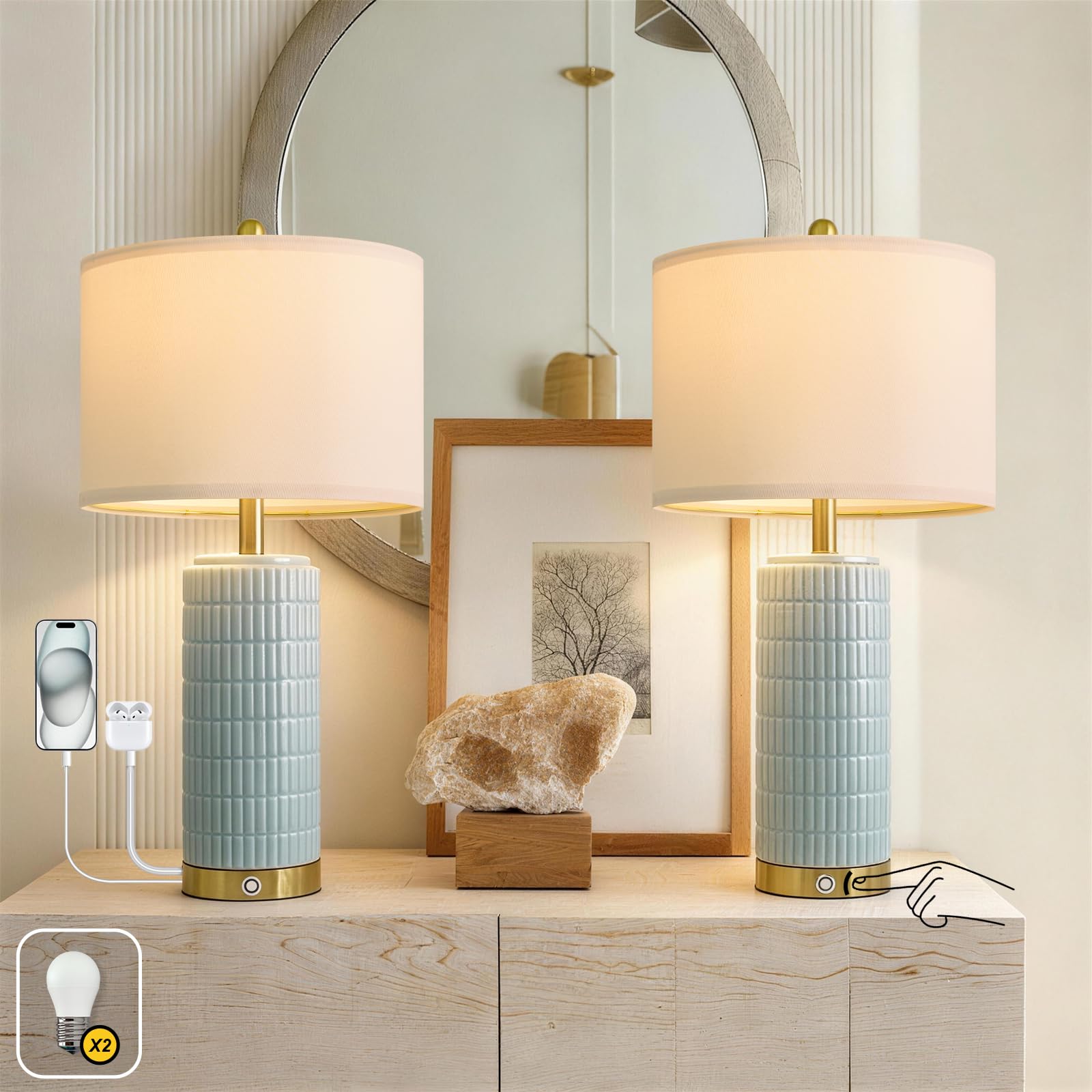 PoKat Stone-Like Ceramic Table Lamps with USB Ports for Bedroom, 25'' Matte-White Dimmable Nightstand Touch Lamps for Night Stands with Gold Base, Farmhouse Lamps for Living Room End Side Table