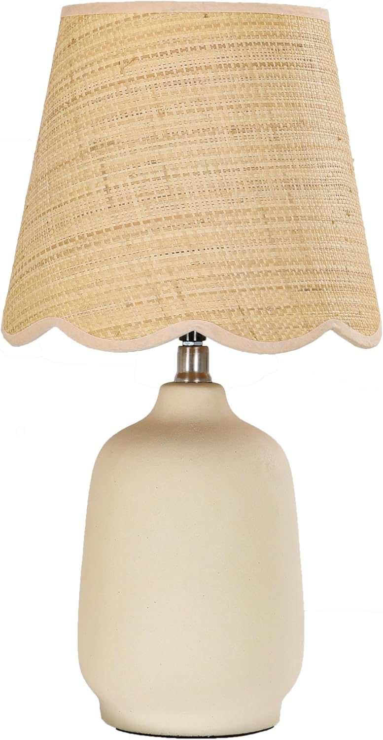 Pia Ricco 19" Modern Ceramic Table Lamp for Living Room Cream Base Desk Lamps for Bedroom Farmhouse Bedside Nightstand Lamp End Table Lamps,Beige,Rattan Shade