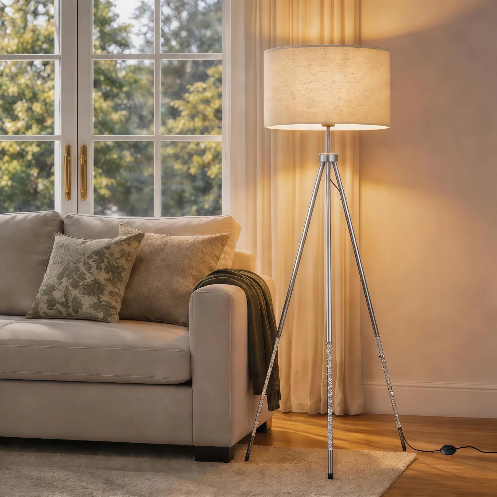 JOOFO Tripod Floor Lamp with Remote Control, Stepless Dimmable Tall Floor Lamp with Fabric Shade, Acrylic Bubble & Metal Pole Design, Modern Standing Lamp for Living Room Bedroom, Brushed Black