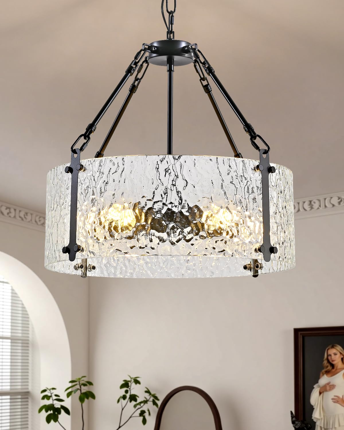 Industrial Pendant Light Fixture, 3-Light Kitchen Island Lighting with Wood Grain Bar and Black Metal Cage, Farmhouse Rustic Hanging Ceiling Lamp for Dining Room, Living Room