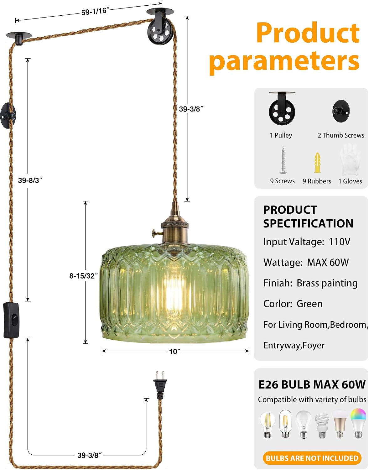 Vintage Green Glass Plug in Pendant Light with Long Cord and Switch,Retro Hanging Lamp No Hardwire Needed,Renter Friendly Swag Lighting for Kitchen Sink,Island,Reading Corner,Bedroom(NO BULB)