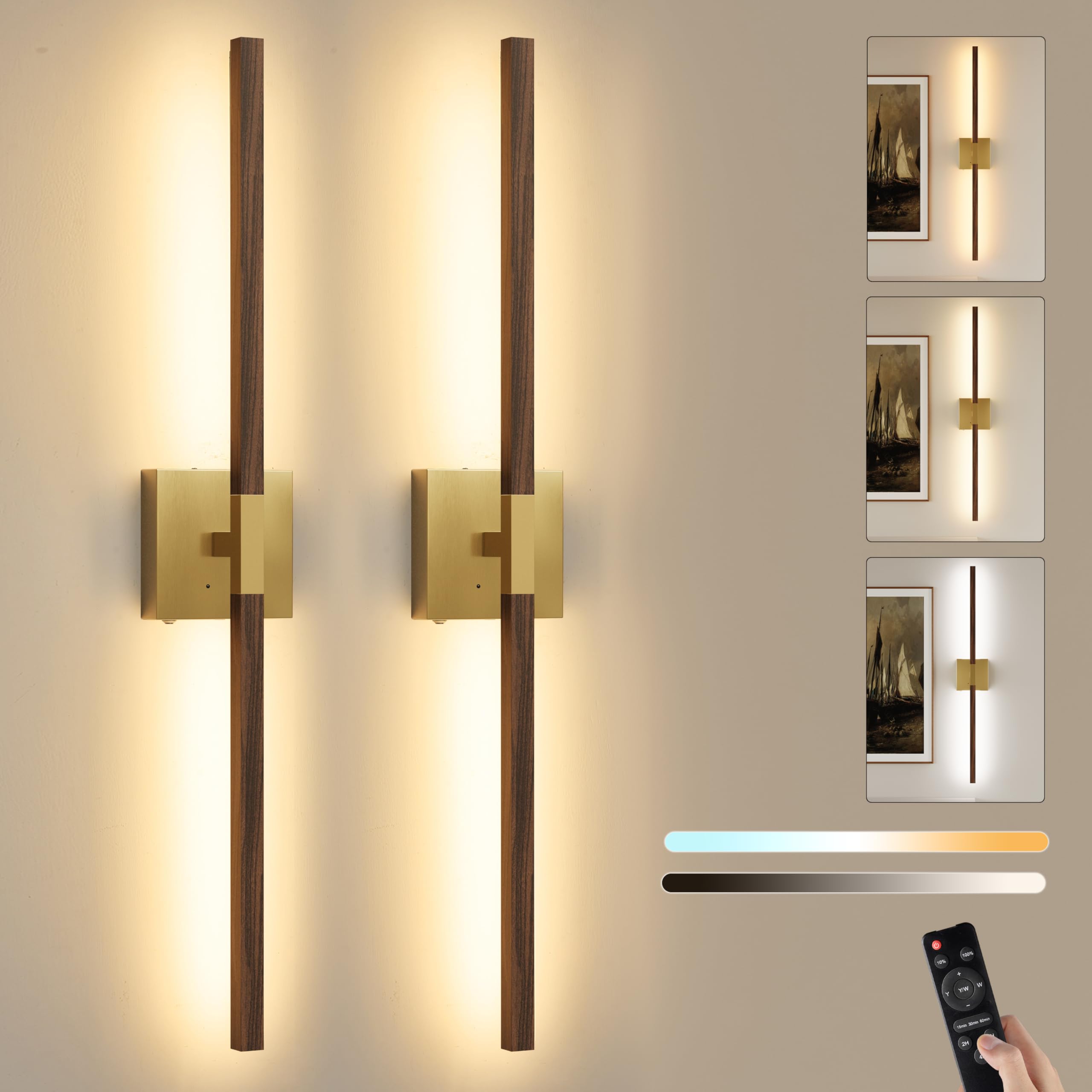 Rayogale Rechargeable Battery Operated Wall Sconce with Remote Control | Black 3000/4500/6000K Dimmable 8000mAh Wireless Wall Sconces Set of Two with Timer for Living Room, Bedroom, 24 Inch