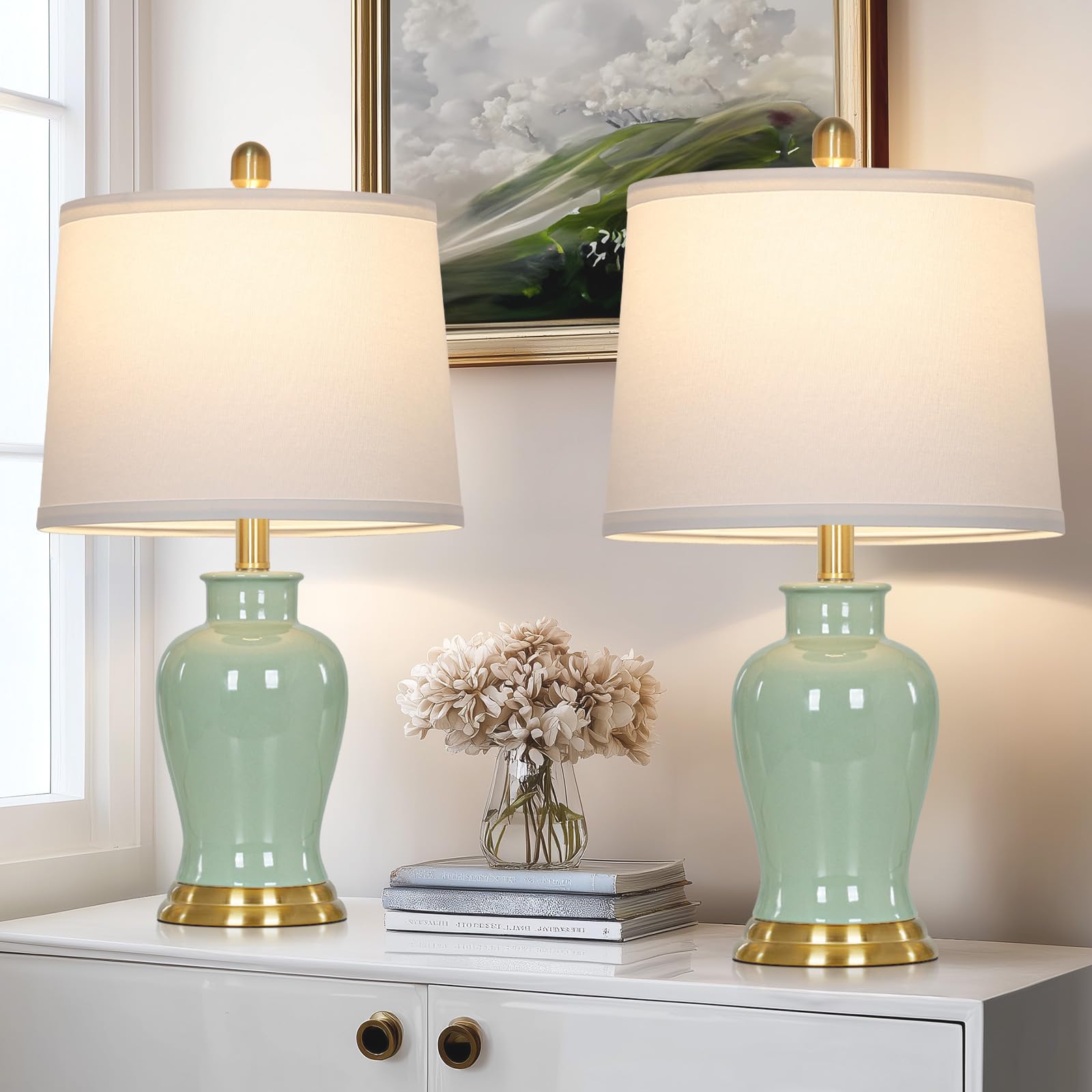 Modern Ceramic Table Lamps Set of 2, 23" White Ceramic Lamps for Living Room, Rustic Farmhouse Bedside Lamp with Ginger Jar Design, Elegant Bedroom Lamp for Nightstand Desk Side End Table Home Decor