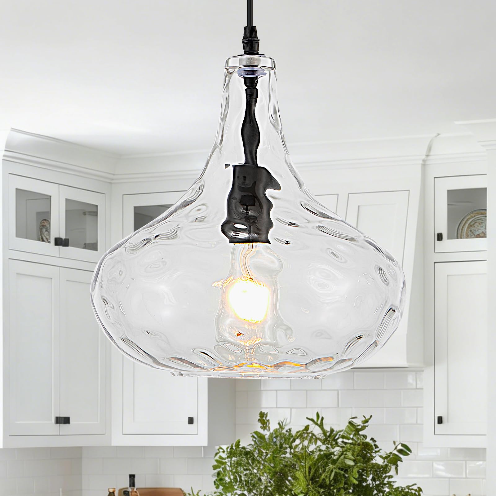 VILUXY Black Pendant Lights Kitchen Island Farmhouse Seeded Glass 1-Light Dining Room Pendant Lamp Fixtures Metal Cage Hanging Lights for Over Sink
