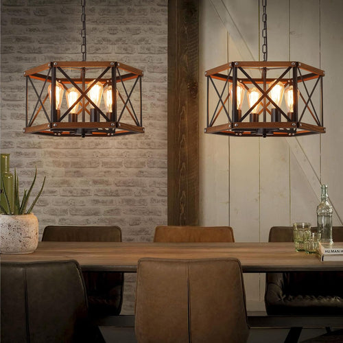 4-Light Large Rustic Farmhouse Plug in Pendant Light Fixture with Adjustable Chain, Dimmable Switch, 20 inch Oak Wood and Metal Cage Hanging Lamp for Dining Room Living Room Farmhouse Entry, Black