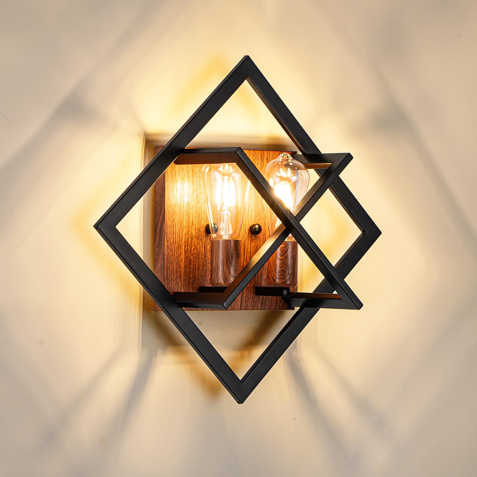 Farmhouse Wall Sconce with Black Finish & Wood Grain,Rustic Wall Sconces Indoor Wall Light Fixtures 17.8in for Stairway, Living Room, Bedroom, Bathroom (2 Light,E26 Base, No Bulbs)