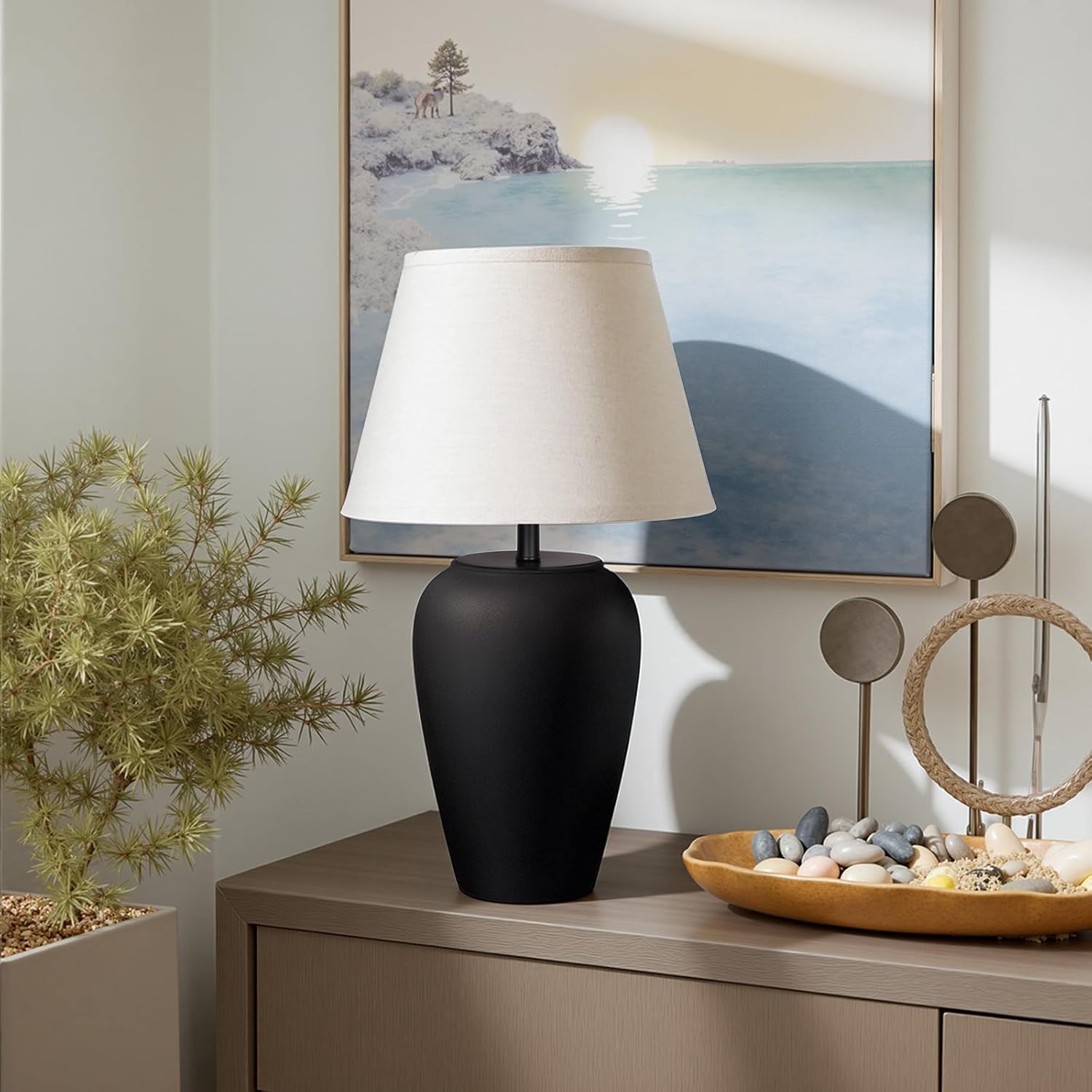 YEPDIN Ceramic Pot Table Lamp 21.25 inch Compact Frosted Nightstand Lamp, Tapered Fabric Shade Bedside, Ceramic Decorative for Living Room Bedroom House Office Entryway, TL3