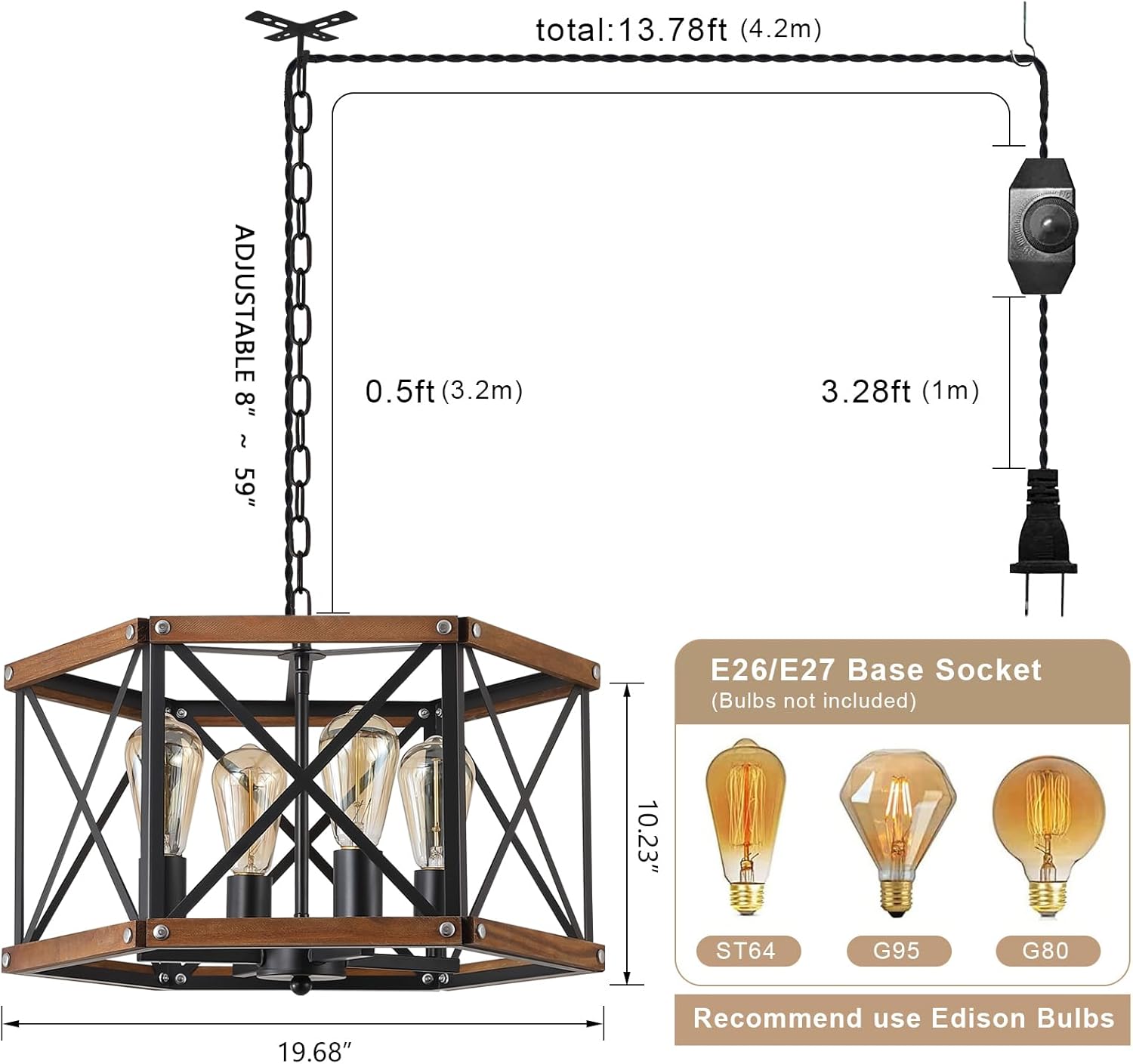 4-Light Large Rustic Farmhouse Plug in Pendant Light Fixture with Adjustable Chain, Dimmable Switch, 20 inch Oak Wood and Metal Cage Hanging Lamp for Dining Room Living Room Farmhouse Entry, Black