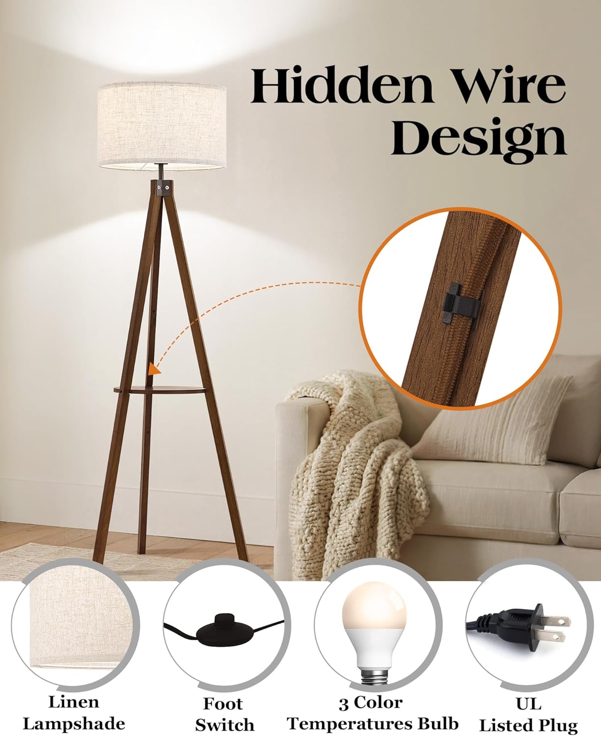 ELYONA Tripod Floor Lamp with Table, Mid Century Wood Shelf Standing Light Modern Tall Floor Lamp with Linen Shade for Living Room Bedroom Office,Dark Brown, 3 Color Temperatures LED Bulb Include