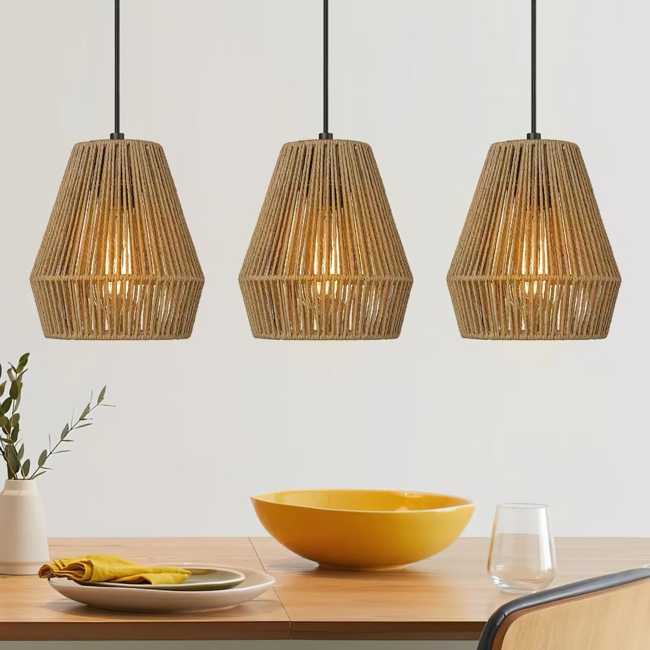ELYONA Boho Woven Pendant Lights 7” Rustic Rattan Hanging Lamp Adjustable Handwoven Basket Shade, Japandi Pendant Light Fixtures for Kitchen Island, Dining Room, Bedroom, Farmhouse Bar, Foyer Hallway